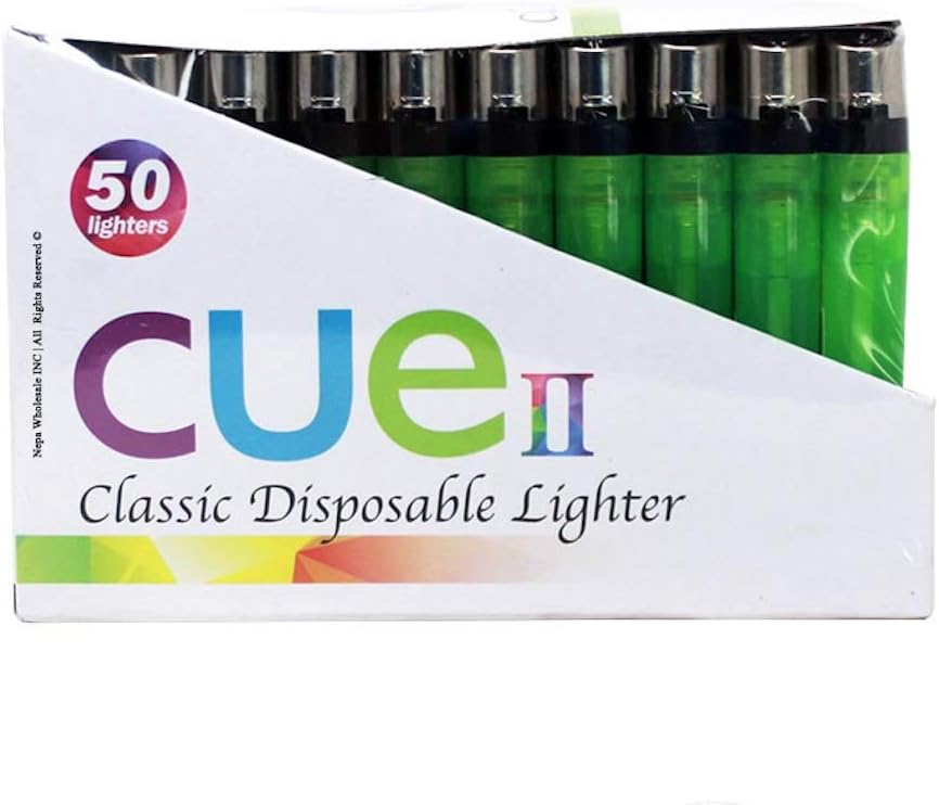 CUE II Classic Lighters, Assorted Colors, Regular Size, Long Lasting, 50-Count Tray